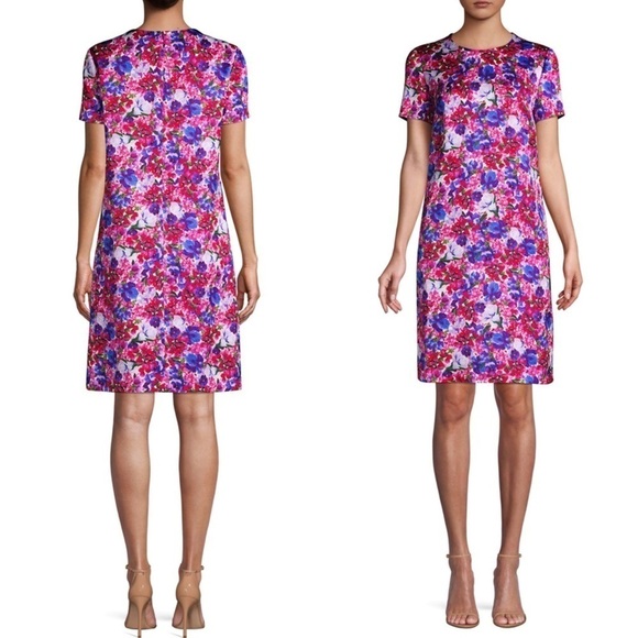 ESCADA DIVISU ROYAL PURPLE FLORAL SHORT SLEEVE COTTON BLEND SHIFT DRESS - Picture 1 of 16